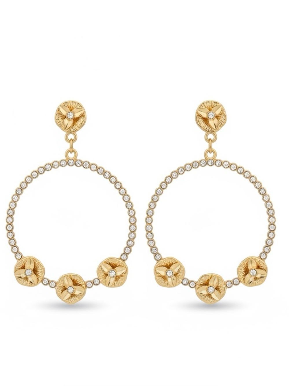 Betsey Johnson Gold Floral Crystal Hoop Drop Earrings
